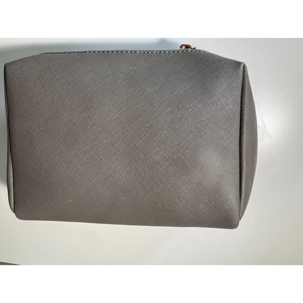 Gray Saffiano Faux Leather 4pc Wristlet Clutch Wallet Cosmetic Bag Set Gold Tone